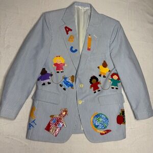 Unique Seersucker Blazer Men's Novelty Applique ABC Kids School Teacher Jacket